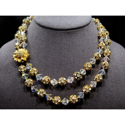 Vintage 1960s AB Crystal Rhinestone Gold Floral Clasp Two Strand Necklace