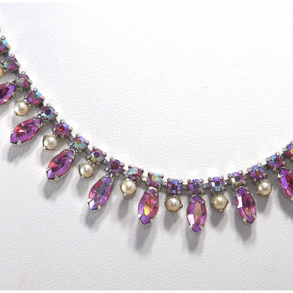 Vintage B. DAVID Pink Red AB Rhinestone Choker Necklace, 1960s, Rhodium Plated