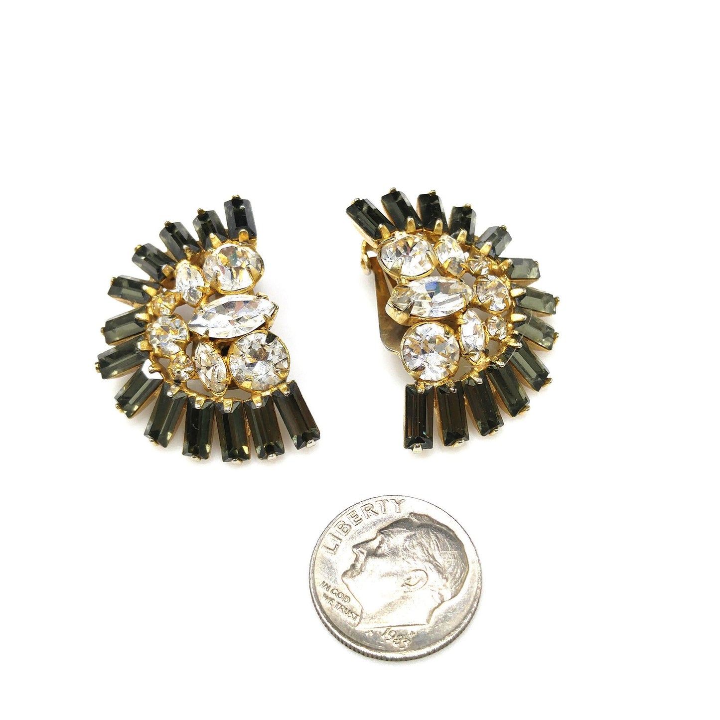 Hobe' Rhinestone Clip Earrings, Clear & Gray Rhinestones, Gold Plated, 1950s Vintage Jewelry