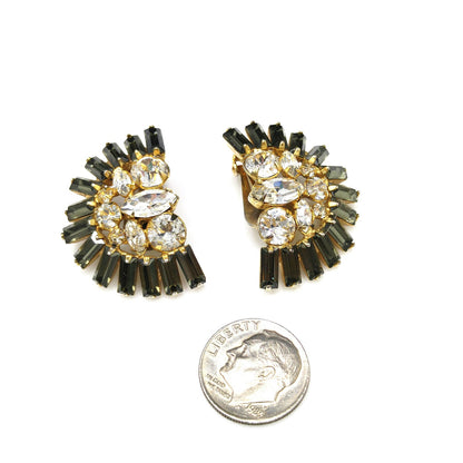 Hobe' Rhinestone Clip Earrings, Clear & Gray Rhinestones, Gold Plated, 1950s Vintage Jewelry