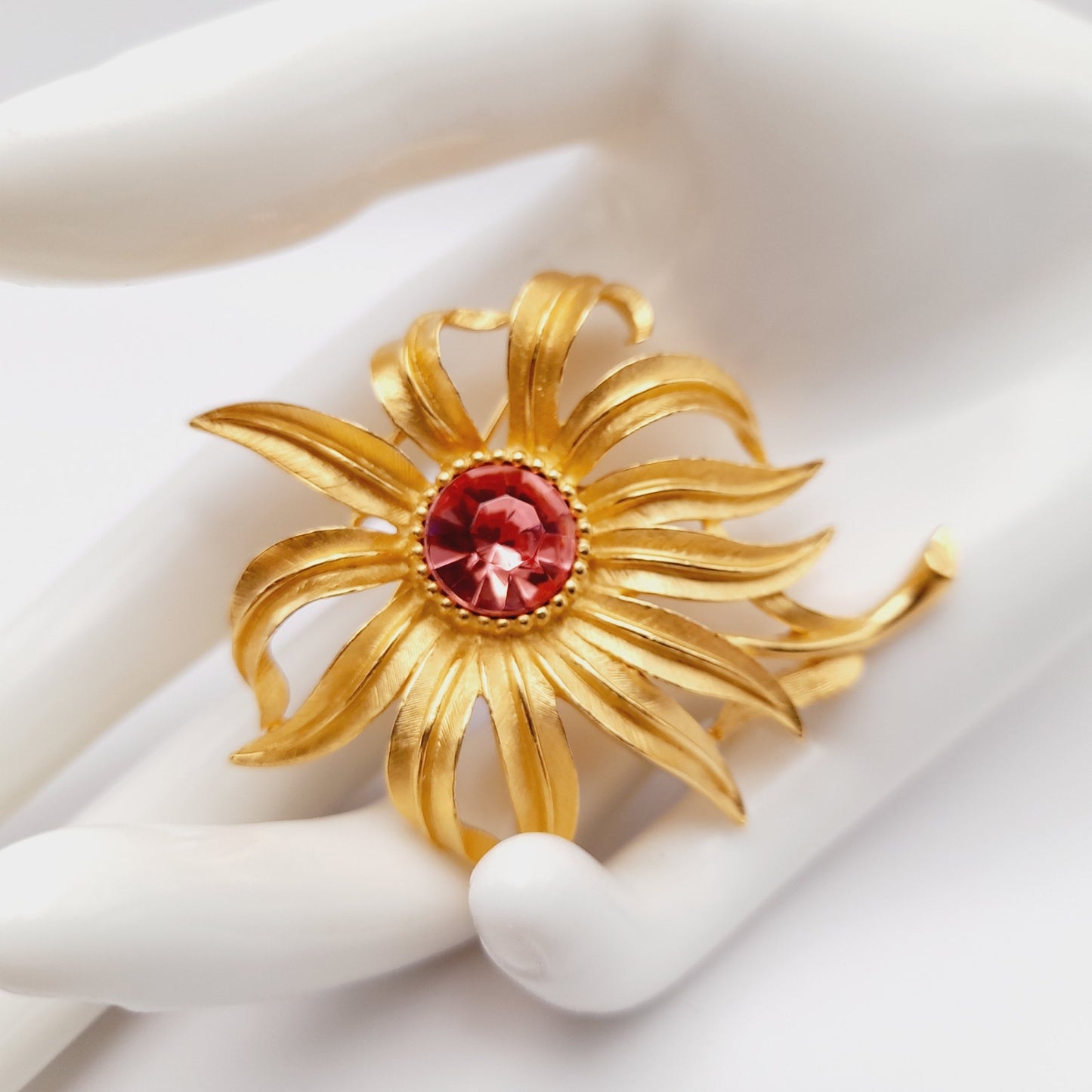 Vintage Trifari™ Flower Brooch with Pink Rhinestone Center