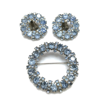 Vintage Weiss Wreath Rhinestone Brooch & Earrings, Light Blue Rhodium Plated