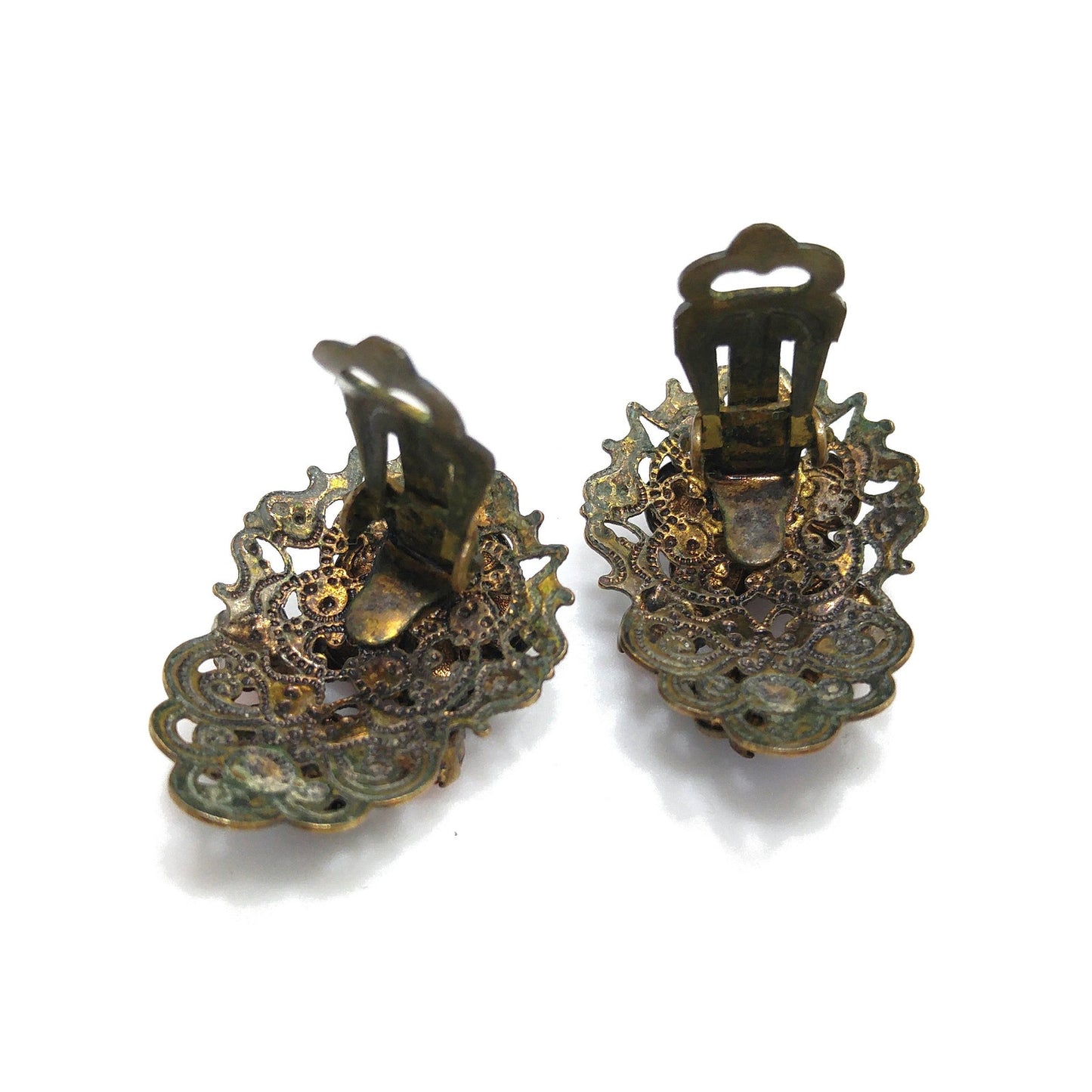 Germany Red Orange Filigree Clip Earrings, Enamel Flowers, 1940s Vintage Jewelry