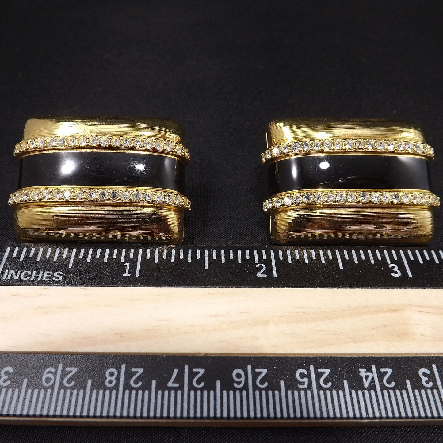 Vintage Swarovski Gold Black Enamel Clip Earrings, Crystal Rhinestones Swan Logo