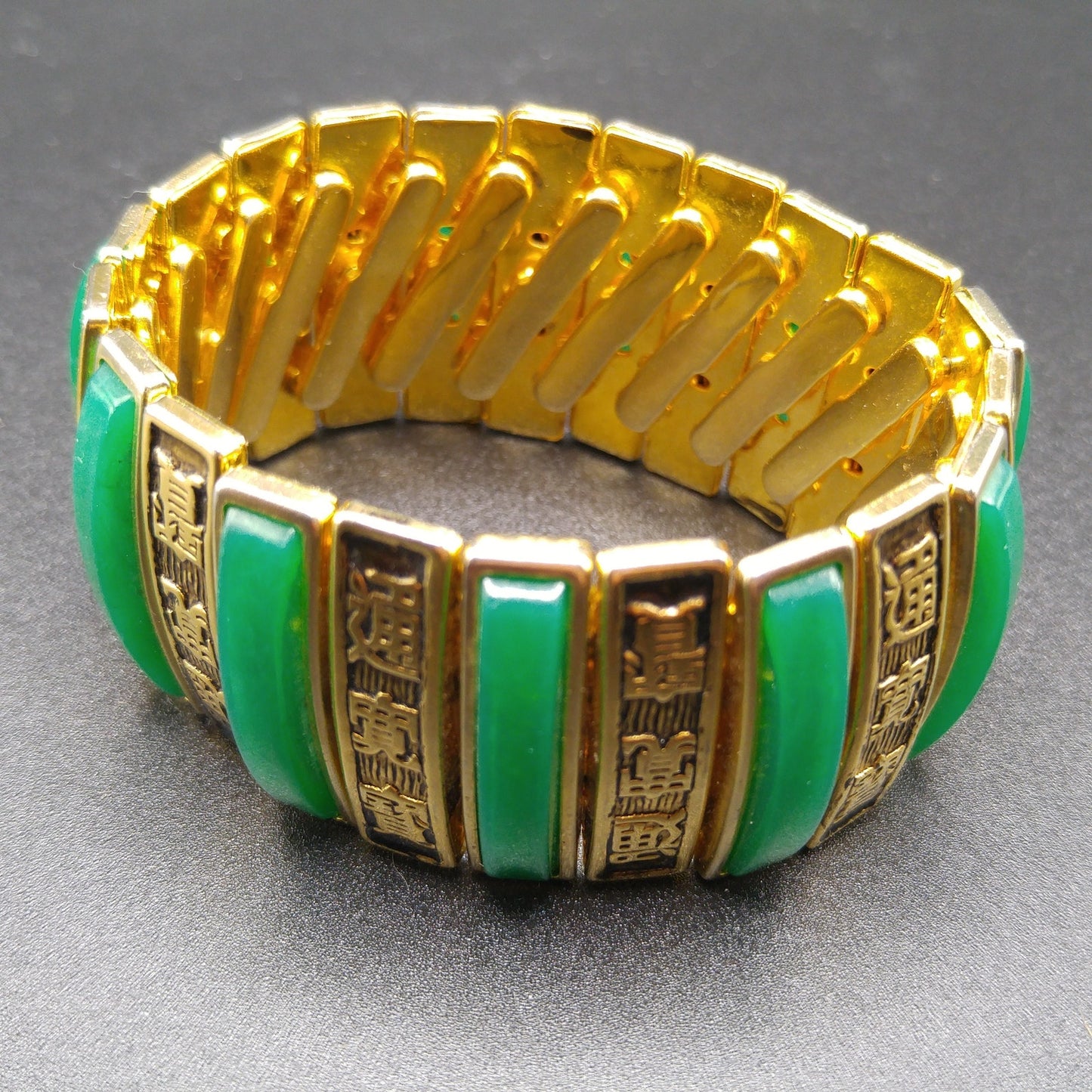 Asian Expansion Wide Bracelet, Green Lucite, Asian Writing, 1960s Vintage Jewelry