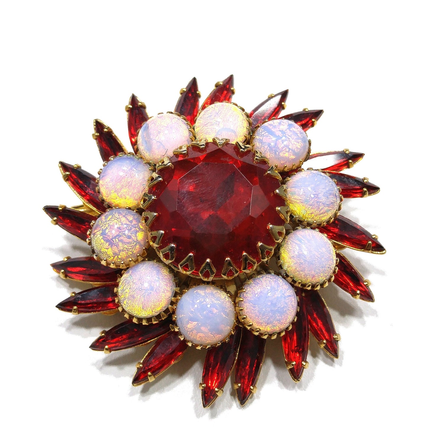 Vintage Judy Lee Faux Fire Opal Red Rhinestone Brooch, Gold Plated, 1960s