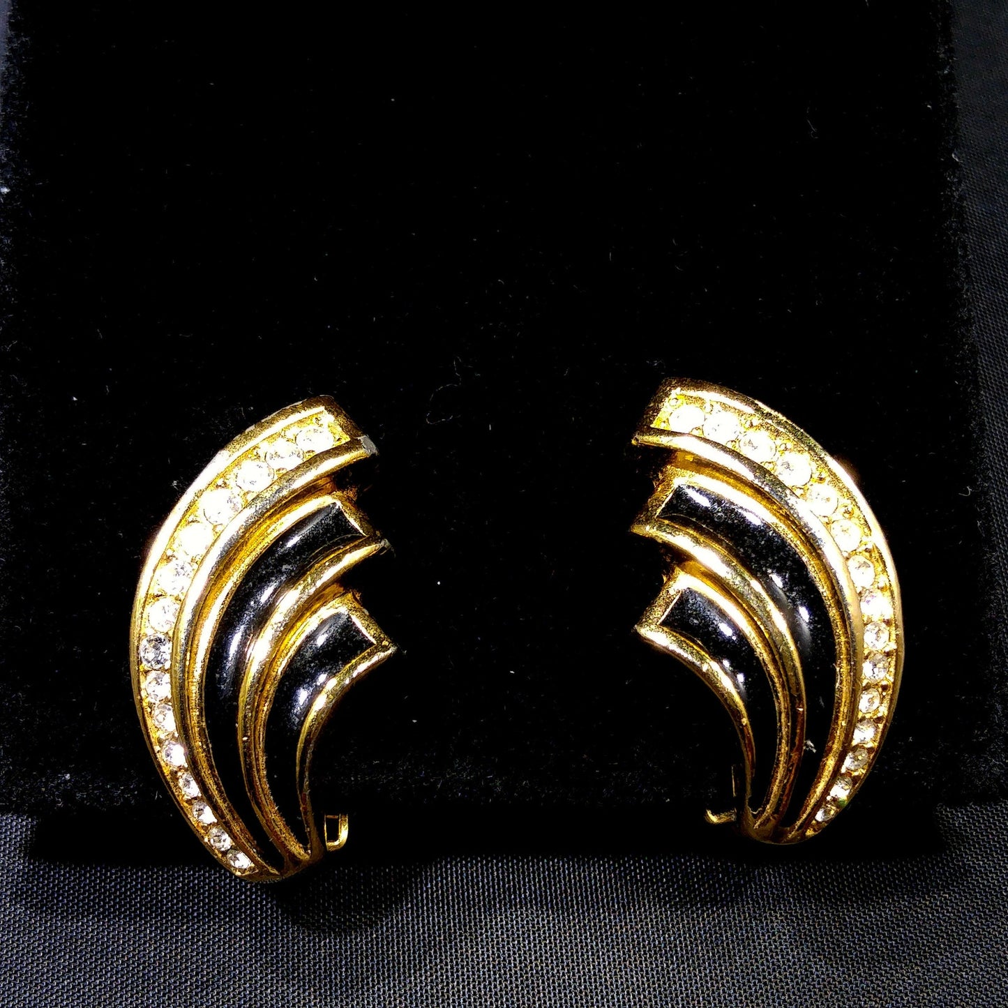 Christian Dior Black Enamel Earrings, Gold Plated, Pave Rhinestones, 1980s Vintage Jewelry