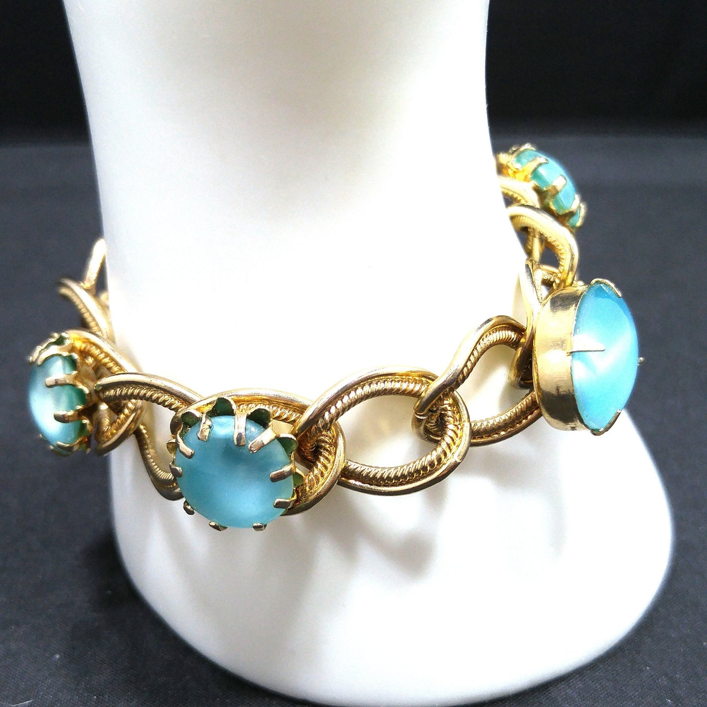 Vintage 1950s Gold Tone Bracelet Blue Art Glass Cabochons Mid Century