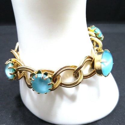 Vintage 1950s Gold Tone Bracelet Blue Art Glass Cabochons Mid Century