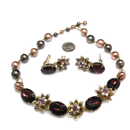 Purple Rhinestone Floral Necklace Earrings, Faux Pearls, 1950s Vintage Jewelry