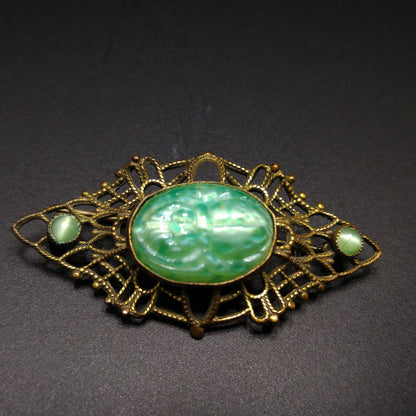 Czech Marbled Glass Scarab Brooch, Egyptian Revival, 1930s Vintage Jewelry