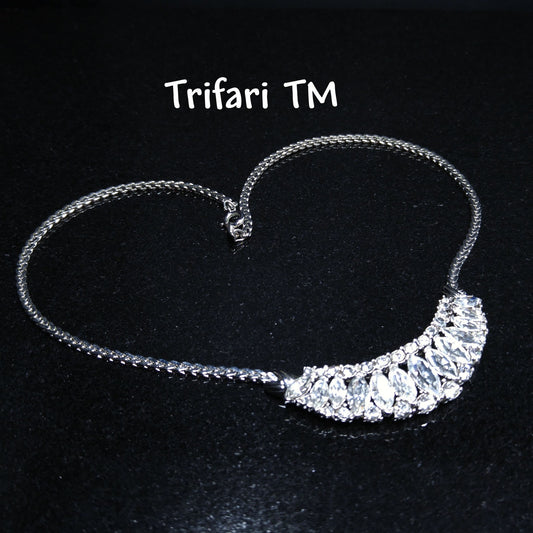 Trifari TM Clear Rhinestone Frontal Necklace, Silver Tone, 1980s Vintage Jewelry