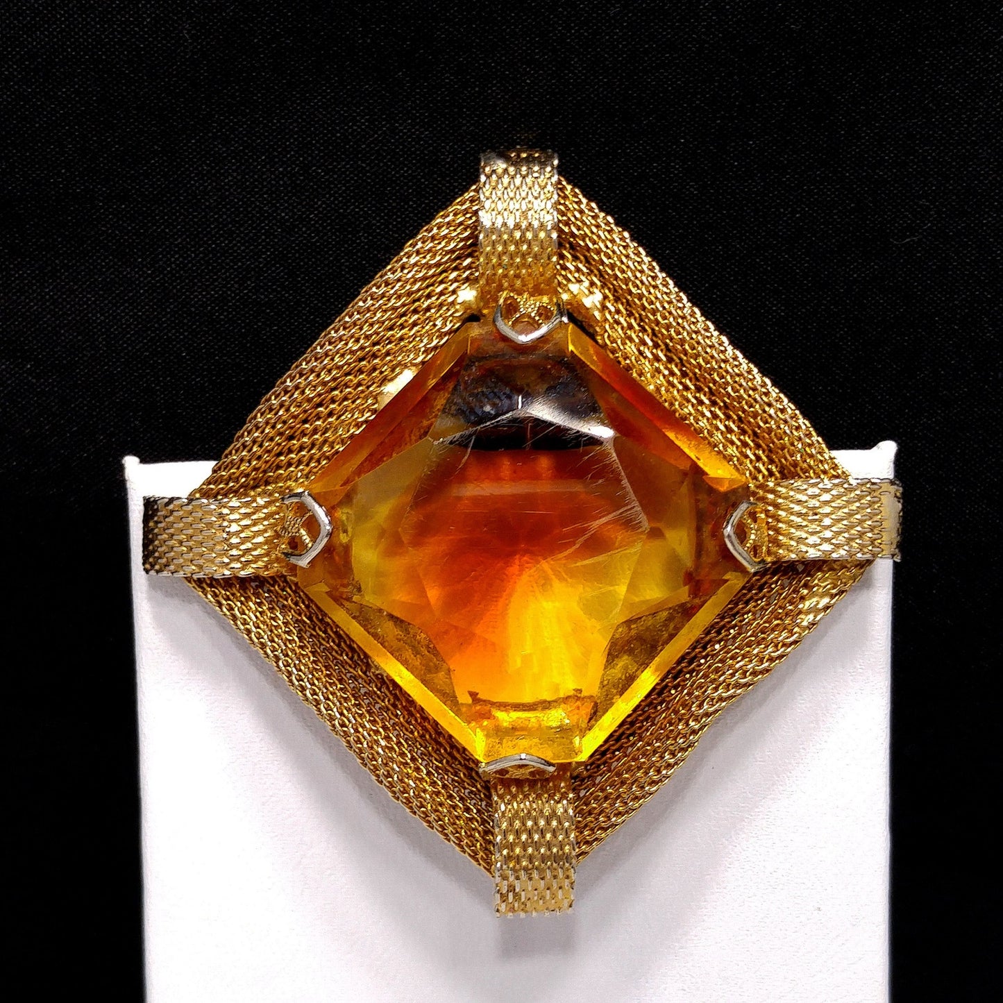 Light Topaz Glass Large Stone Brooch, Gold Plated Mesh Frame, 1960s Vintage Jewelry