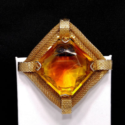 Light Topaz Glass Large Stone Brooch, Gold Plated Mesh Frame, 1960s Vintage Jewelry