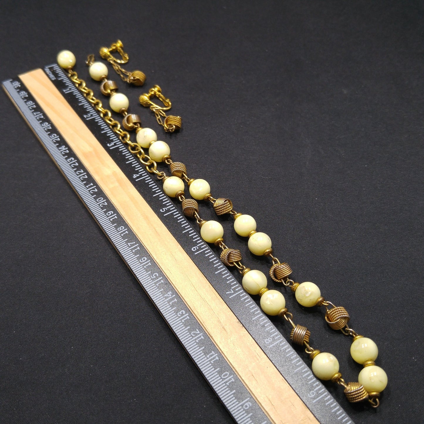 Vintage Hobe' Light Yellow Lucite Beaded Necklace & Matching Earrings, Gold Plated, 1950s