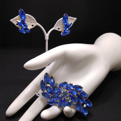 Vintage Royal Light Blue Rhinestone Brooch Earring Set, Gold Plated, 1960s Vintage Jewelry