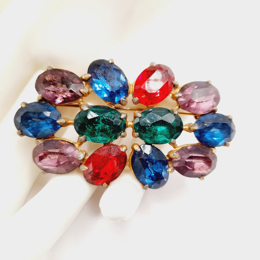 Vintage 1940s Multi-Color Glass Stone Brooch, Faceted Rhinestones, Gold Tone, Mid-Century Jewelry