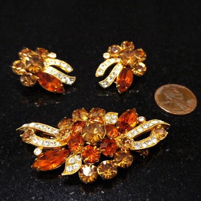 Eisenberg Ice Topaz Orange Brooch & Earrings, Gold Plated, 1960s Vintage Jewelry