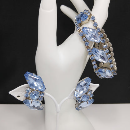 Light Blue Rhinestone Bracelet & Clip Earrings, Rhodium Plated, Ear Climbers, 1960s Vintage Jewelry