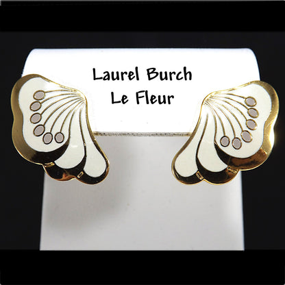 Laurel Burch "Le Fleur" Gold & White Post Earrings, Gold Plated, 1980s Vintage