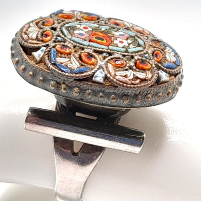 Vintage Micro Mosaic Poison Ring, Stamped Mexico, US Size 7 Adjustable