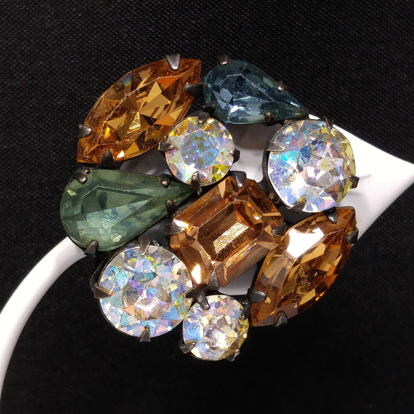 Weiss Blue Green Topaz Rhinestone Earrings, Clip Antique Gold Plate, 1950s Vintage