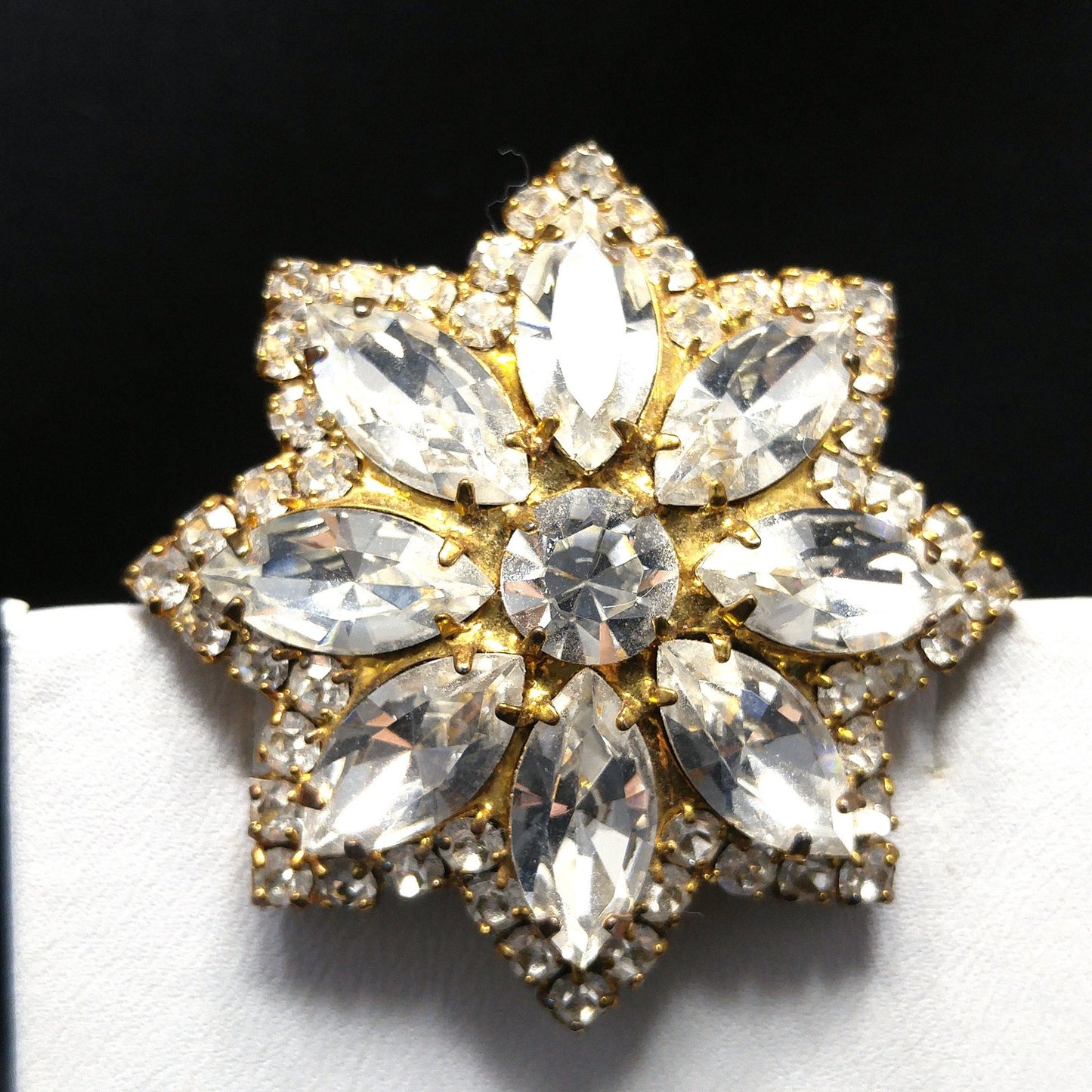 Eisenberg Ice Clear Rhinestone Flower Brooch, Gold Plated, 1960s Vintage Jewelry