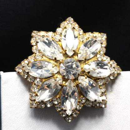 Eisenberg Ice Clear Rhinestone Flower Brooch, Gold Plated, 1960s Vintage Jewelry