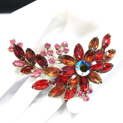 Red Rhinestone Floral Spray Brooch, Gold Plated, 1950s Vintage Jewelry