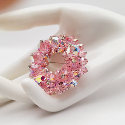 Vintage 1960s Pink Crystal Beaded Brooch Rhinestone Head Pin Accents