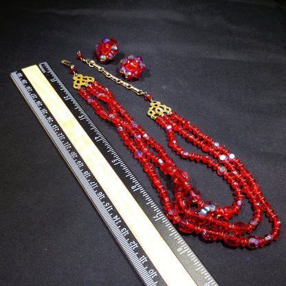 Czech Red Glass Beaded Necklace & Earrings, Fire Polished Red Beads, 1950s Vintage Jewelry