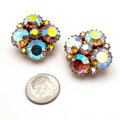 Vintage Aurora Borealis Rhinestone Clip On Earrings 1960s