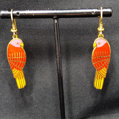 Laurel Burch "Lorikeets" Earrings, Gold Plated Cloisonne & Enamel, 1980s Vintage