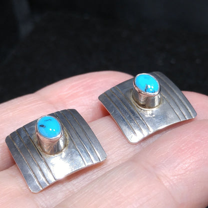 Navajo Frank Ramone Sterling Turquoise Earrings, Small Clip On Earrings, 1970s Vintage Jewelry
