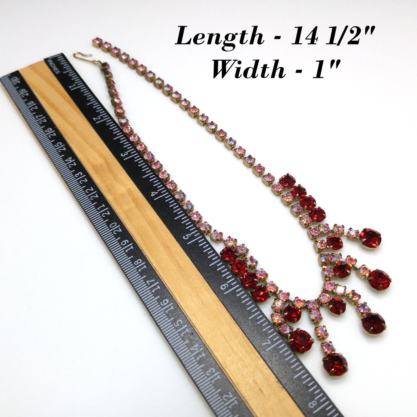 Vintage 1950s Red & Pink AB Rhinestone Choker Necklace Gold Tone 14.5"