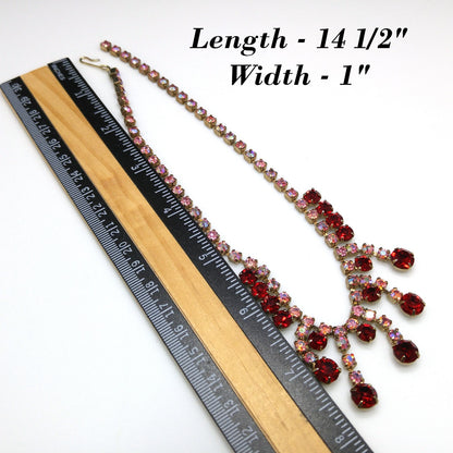 Vintage 1950s Red & Pink AB Rhinestone Choker Necklace Gold Tone 14.5"