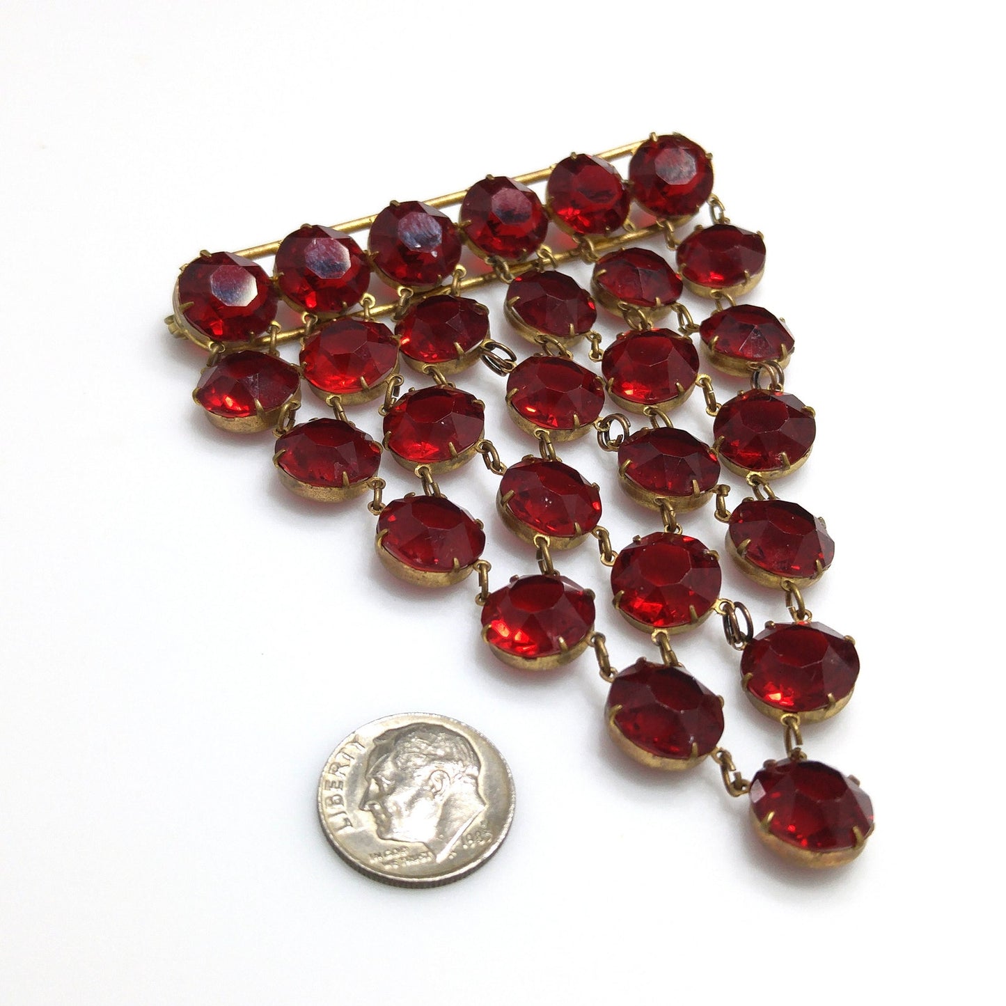 Garnet Red Crystal Rhinestone Hanging Brooch, Large Pointed Back Glass Stones, 1940s Vintage Jewelry