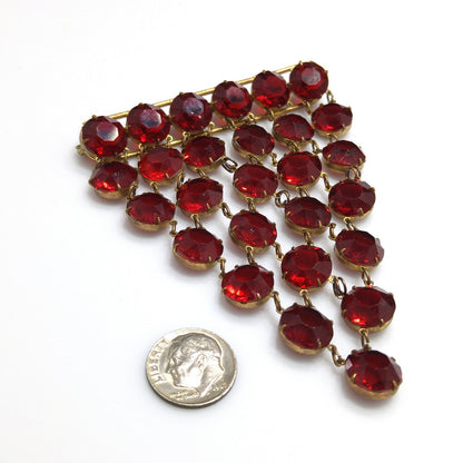 Garnet Red Crystal Rhinestone Hanging Brooch, Large Pointed Back Glass Stones, 1940s Vintage Jewelry