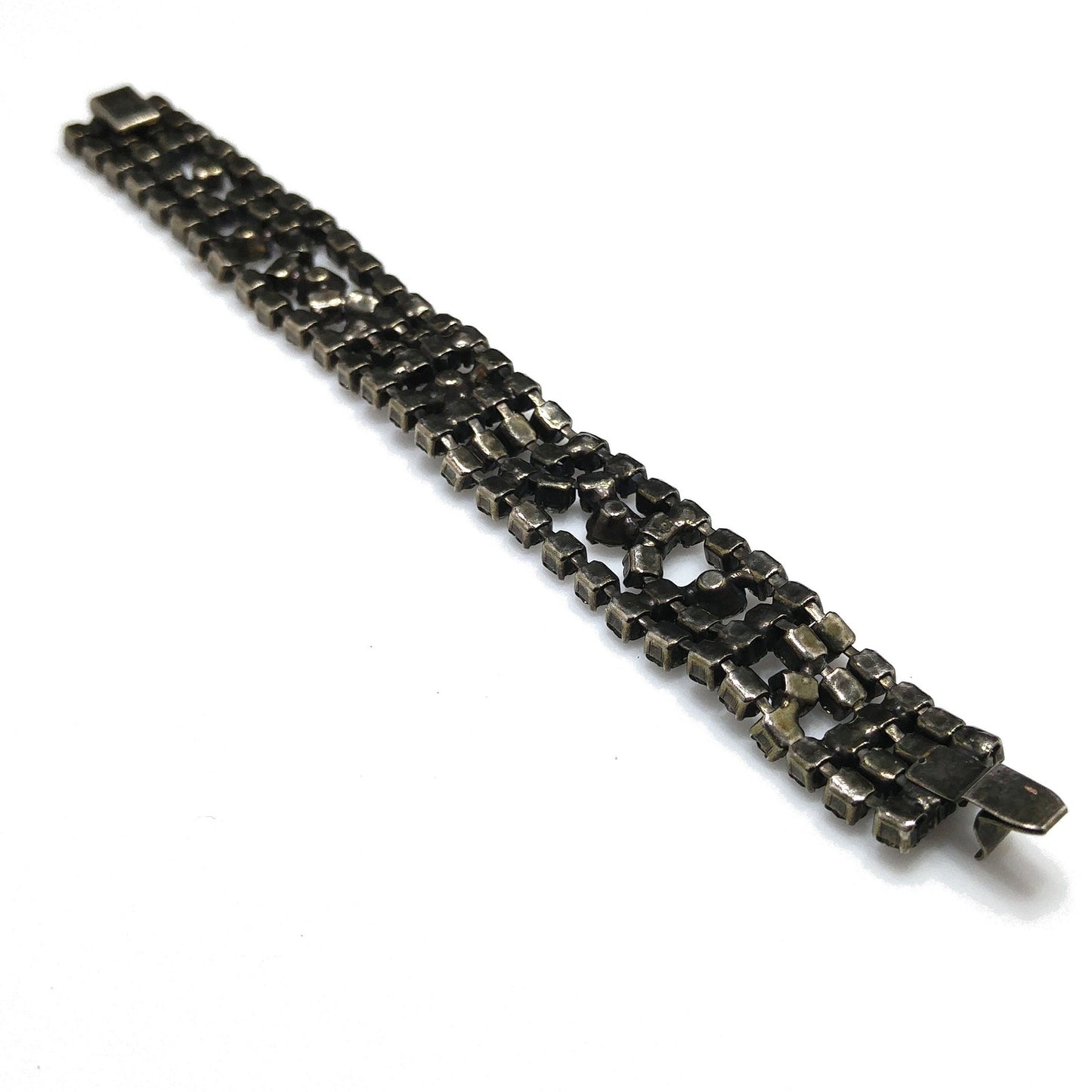 Vintage Kramer Black Clear Crystal Rhinestone Bracelet, Silver Plated, 1950s