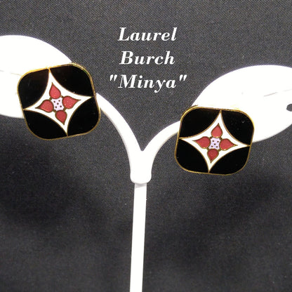 Vintage Laurel Burch "Minya" Post Earrings, Gold Plated, Enamel Cloisonne, 1980s