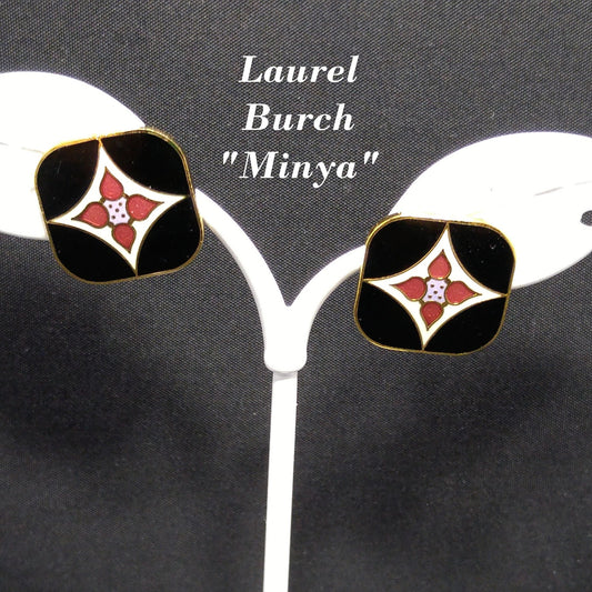 Vintage Laurel Burch "Minya" Post Earrings, Gold Plated, Enamel Cloisonne, 1980s