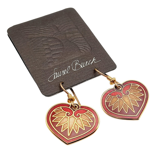 Vintage Laurel Burch Hollyhock Red Enamel Gold Plated 1988 Earrings - On Original Card