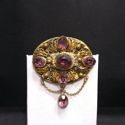 Art Nouveau Purple Czech Brooch, Purple Oval Dangle Rhinestone, 1930s Vintage Jewelry