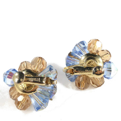 Vendome Blue & Gold Crystal Beaded Clip Earrings, Gold Plated, 1960s Vintage Jewelry