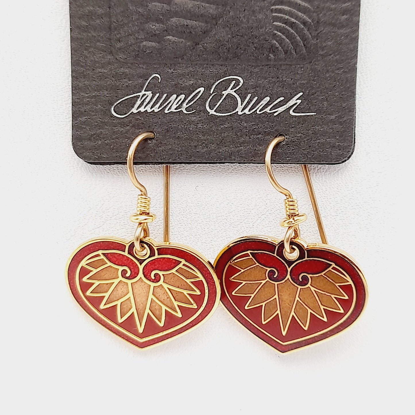 Vintage Laurel Burch Hollyhock Red Enamel Gold Plated 1988 Earrings - On Original Card