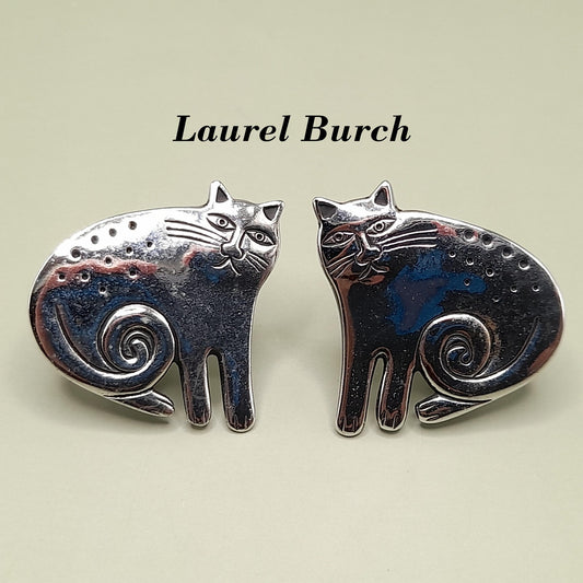 Vintage Laurel Burch Keshire Cat Clip Earrings, Rhodium Plated
