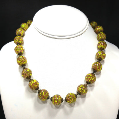 Vintage Green Venetian Glass Beaded Necklace, Copper Aventurine Italian Beads, 1930s Vintage Jewelry