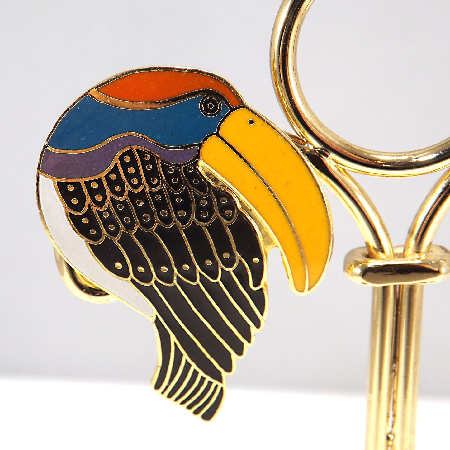 Laurel Burch Toucan Brooch, Gold Plated Cloisonne & Enamel, 1980 Vintage Jewelry
