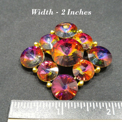 Vintage Unsigned Weiss Pink Rivoli Rhinestone Brooch, Red Blue Magenta Green Pin