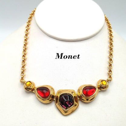 Monet Gold Plated Choker Necklace, Red Purple Glass Cabochons, 1980s Vintage Jewelry